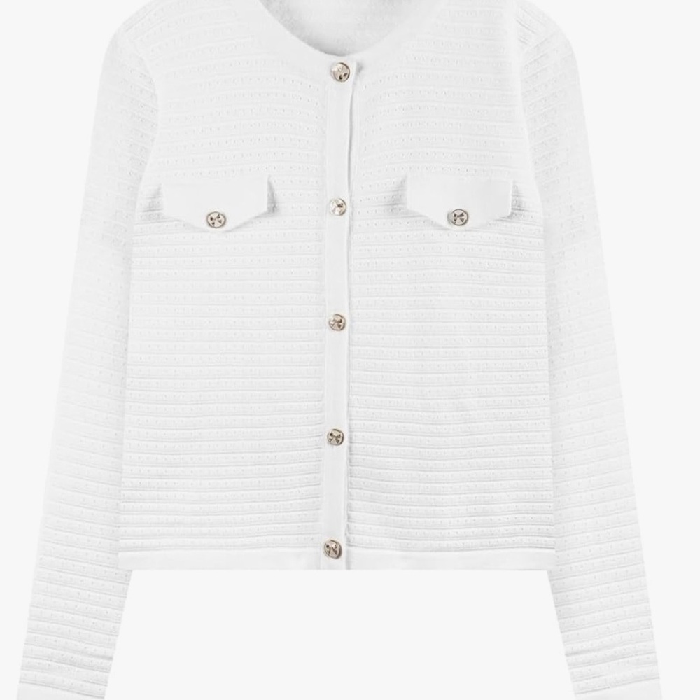 White Textured Button-Front Knit Cardigan Gold Button Detail